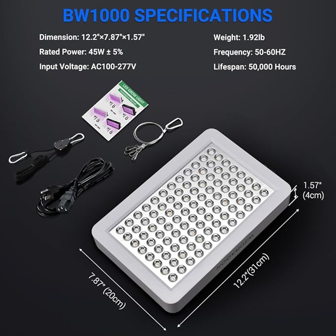 2024 Upgraded BW1000 LED Grow Lights Double Chips Full Spectrum for Greenhouse and Indoor Plant Veg and Flower Growing [White]