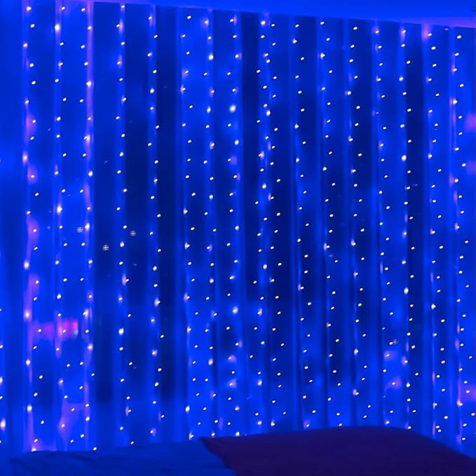 ZSJWL 300 LED Blue Curtain Fairy Lights with Remote, 8 Modes 9.8 × 9.8 Ft Waterproof USB Plug in Copper Wire Lights for Bedroom Window Chrismas Wedding Party