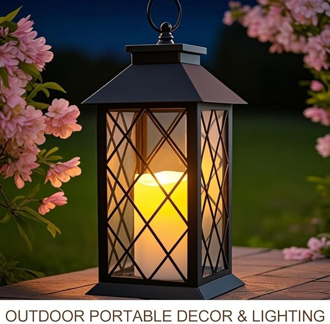 Bright Zeal 13.5" Black Vintage Candle Lantern with LED Pillar Candle and Timer - IP44 Waterproof Porch Light - Tabletop Lantern Decorative Outdoor