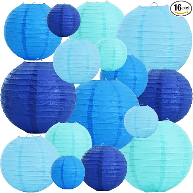 BEISHIDA 16 Pcs Blue White Round Paper Lanterns Decorative Hanging Asia Chinese Japanese Paper Lanterns Lamp for Birthday Wedding Baby Bridal Shower Home Decor Party Decoration