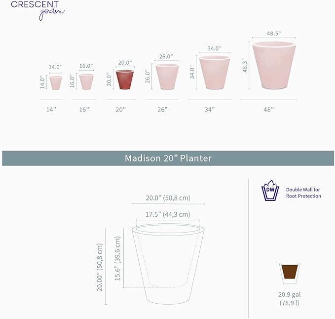 Crescent Garden Madison Planter– Weather-Resistant, Double Walled Indoor/Outdoor Plant Pot with Drain Hole – Durable All-Season Flower Container, 20" W (Cloud White)
