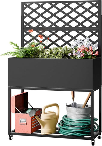 Metal Planter Box with Trellis,55" H x35 W Raised Garden Beds with Privacy Screen for Climbing Plants Flower, Elevated Standing Planter Garden Bed with Drainage Holes for Outdoor Patio,Black