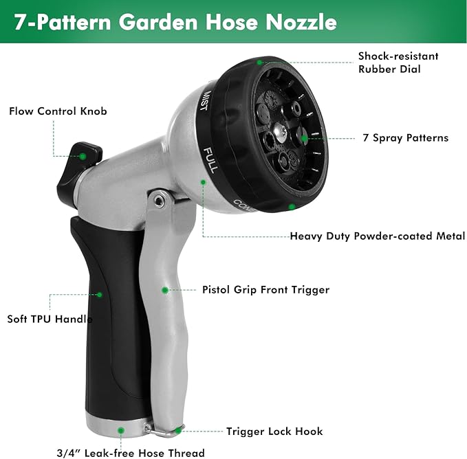 RESTMO Garden Hose Nozzle, Heavy Duty Metal Water Nozzle with 7 Adjustable Spray Patterns, High Pressure Hand Sprayer with Flow Control, for Watering Plants & Lawns, Washing Cars & Pets, Black
