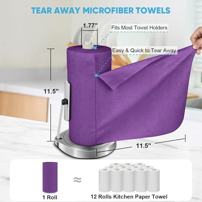 AIDEA Microfiber Cleaning Cloth Roll, 75PK, Reusable Paper Towels Tear Away Cloth, Microfiber Towels for Cars, Lint Free Cleaning Rags for House, Kitchen, Window, 11.5"×11.5", Purple