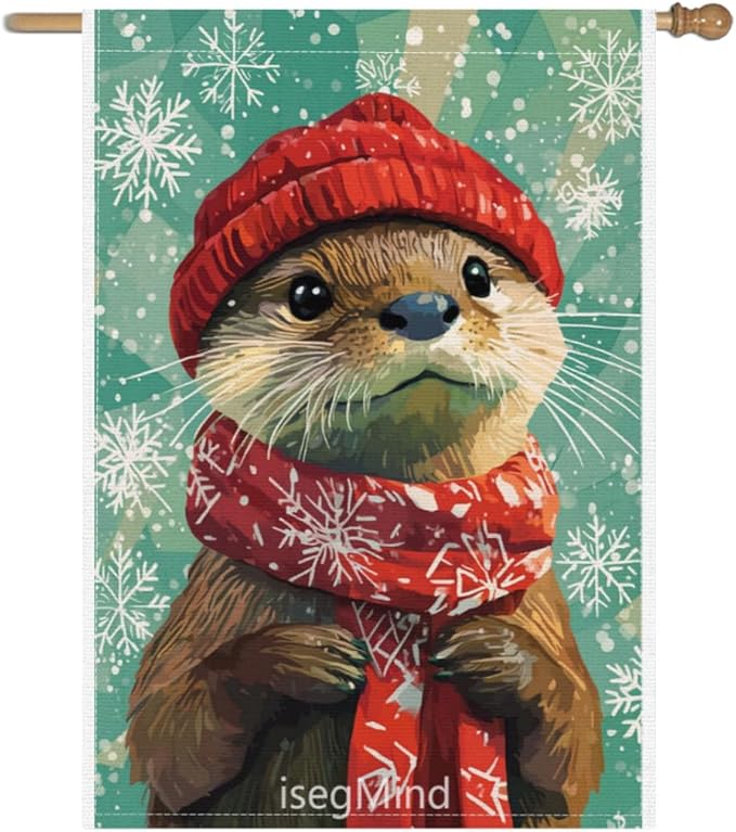 Otter with Red Scarf and Hat Snowflake Christmas Garden Flag, 28x40 Inch Double Sided Linen Holiday Red Winter Farmhouse Yard Outdoor Decoration (4329)