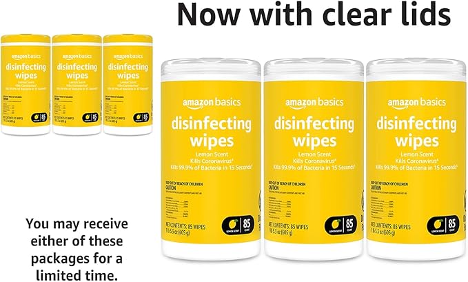 Amazon Basics Disinfecting Wipes, Lemon Scent, Sanitizes/Cleans/Disinfects/Deodorizes, 255 Count (3 Packs of 85)