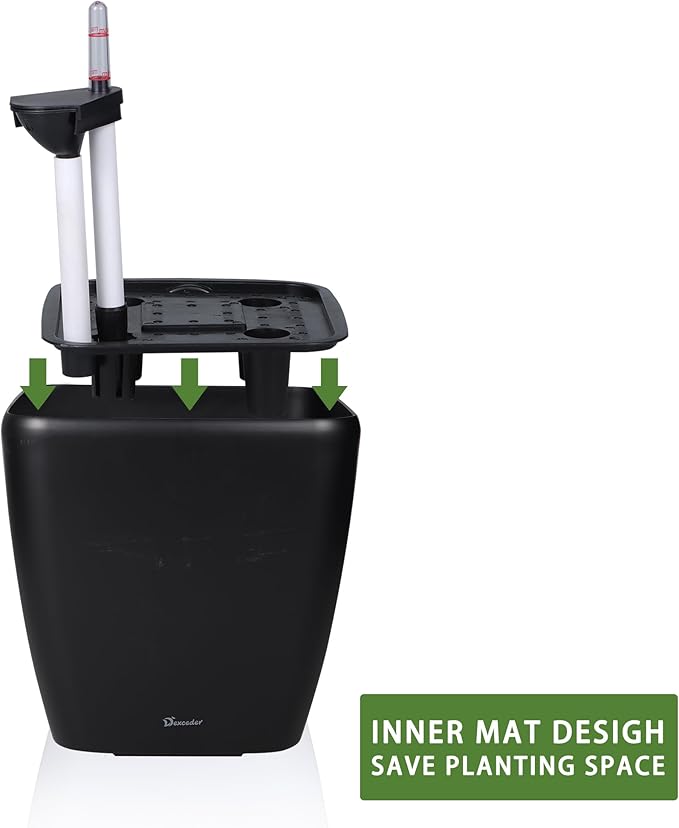 Dexceder 15x14 Self Watering Planter with Wheels Indoor Outdoor, Inner Mat Design, Thickened Large Floor Standing Flower Plant Pot with Water Level Indicator (Black Matte)