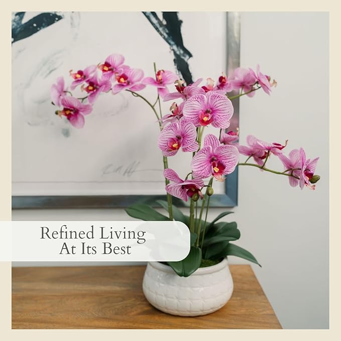 CG Hunter Faux Purple Orchid Plant, Premium Artificial Indoor Flower Display Stands 23”, Beautiful Sculptural Blooms That Lasts Forever, White Planter Pot Included