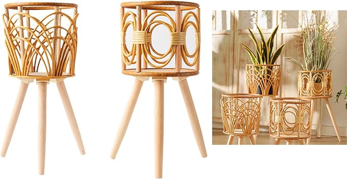 Rattan Plant Stand Woven Plant Stand Wooden Wicker Planter With Wooden Legs Rattan Plant Display Rack Decorations Indoor Flower Holder Handmade Stand Hollow Flower Rack
