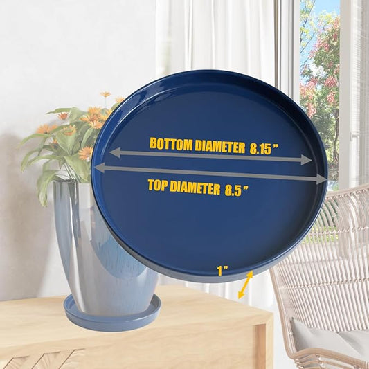 2 Pack Ceramic Plant Saucer Pot Tray 8 Inch, Planter Saucers 4 5 6 7 8 9 10 11 12 Inch for Indoors Outdoor, Durable Sturdy Flower Drainage Tray for Glazed Pots Base (8.5 Inch Blue)