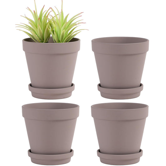 Yishang Large Terra Cotta Pots with Saucer- 4 Pack Large 6'' Terra Cotta Plant Pot with Drainage Hole, Flower Pot with Tray, Terracotta Pot for Indoor Outdoor Plant(Grey)