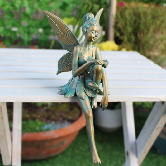 JARPSIRY Vintage Bronze Sitting Fairy Statue Outdoor Garden Decor, 7" Tall Resin Angel Figurine Home Shelf Sitter Yard Art Sculpture for Patio Lawn Porch Ornaments
