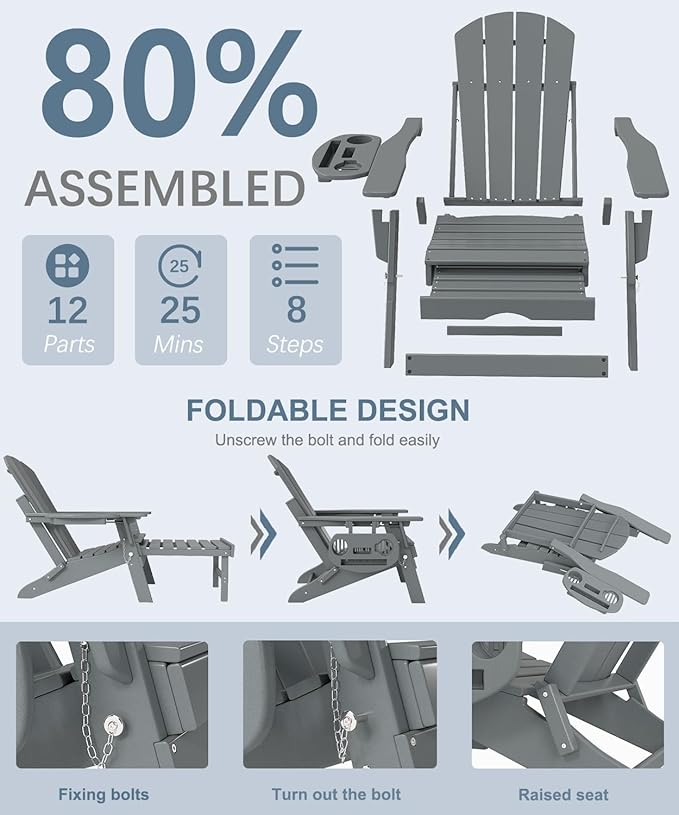 Adjustable Adirondack Chair with Retractable Ottoman Set of 8, HDPE Folding Adirondack Chair with Cup Holder, All Weather Fire Pit Chair for Outdoor.