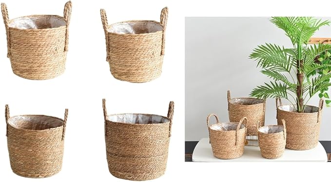 Rattan Planter Basket, Straw Weaving Woven Straw Flower Pot, Wicker Rattan Vase Sundries Organizers Storage Bins, Hand Woven Basket Planter with Plastics Liners and Handle for Indoor Outdoor (Small)