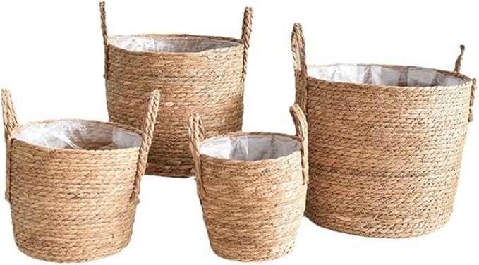 Rattan Planter Basket, Straw Weaving Woven Straw Flower Pot, Wicker Rattan Vase Sundries Organizers Storage Bins, Hand Woven Basket Planter with Plastics Liners and Handle for Indoor Outdoor (Small)