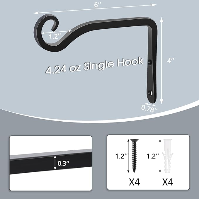 Gtongoko 2 Pack 6 Inch Plant Hangers Outdoor Metal, Plant Hooks for Wall Indoor, Outdoor Hooks for Hanging Bird Feeders, Plant Bracket, Lanterns, Wind Chinme, Black