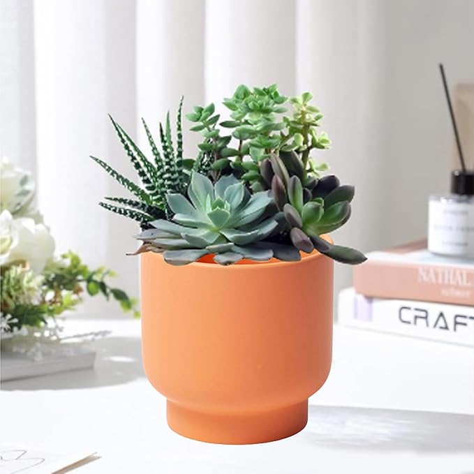 LB Orange Ceramic Planters for Indoor Plants, Succulent Plant Pots Ceramic Flower Pots, Modern Plant Pot for Living Room Office Home Decor, Round Flower Pot of 4.3 Inch(Plant Not Included)