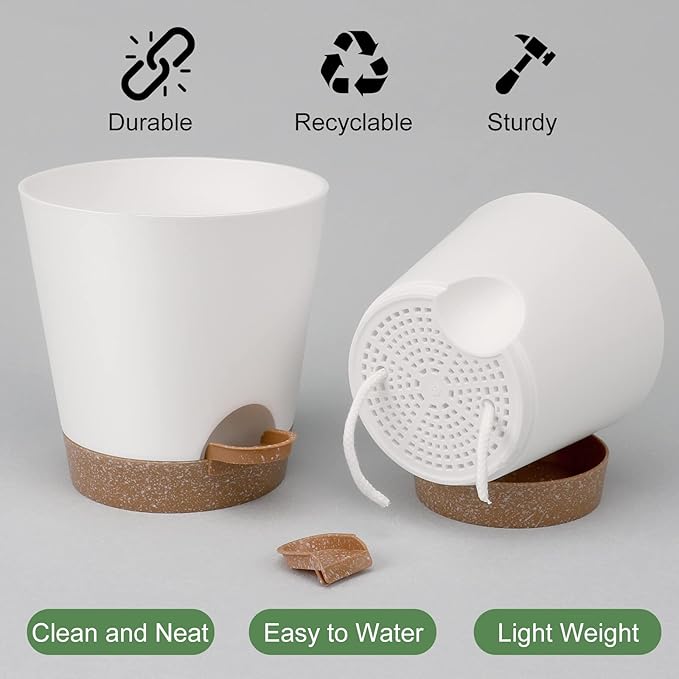 Indoor Self Watering Planters with Drainage Holes and Saucers, 8, 7, 6.5, 6, 5.5, 5 Inches, White, 6 Pots