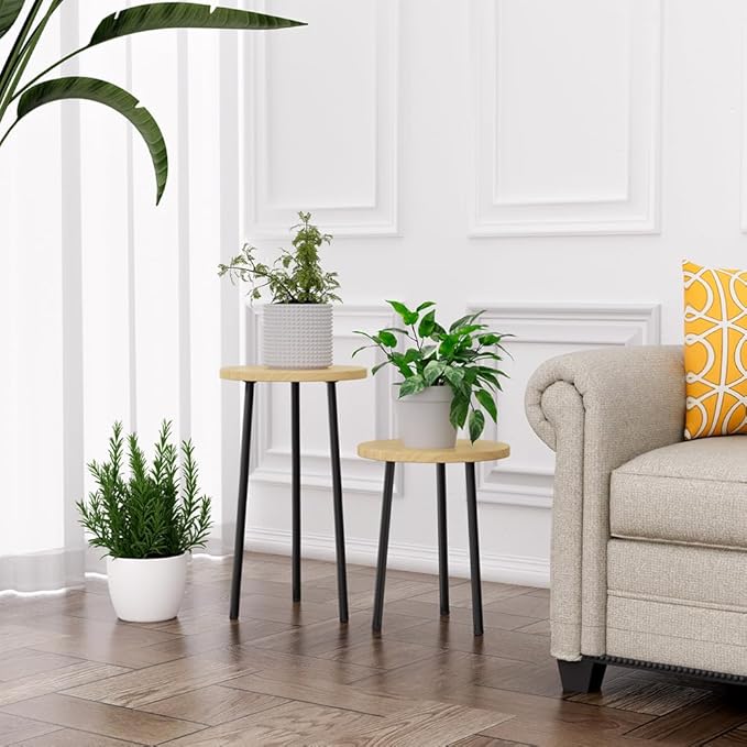 Plant Stand Indoor Tall: Corner Wood Plant Stand 2 Pack Mid Century Modern Decor - Small Round Plant Table for Indoor Plants - Outdoor Plant Holder for Patio Living Room Bathroom Office (Burlywood)