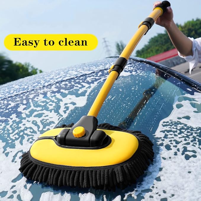Car Wash Brush with Long Handle, Chenille Microfiber Mop Mitt with 1 Replacement Head, Wheel Brush Extension Pole Cleaning Kit & Towels for Cars & Trucks - 5PCS