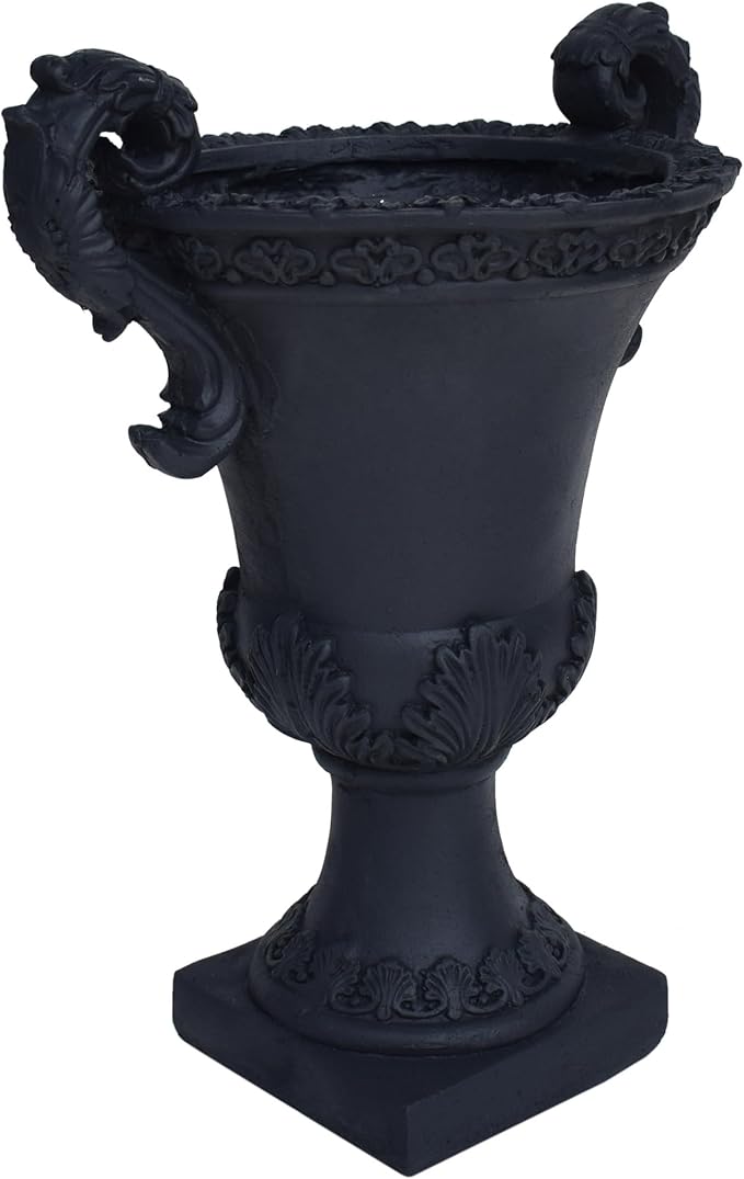 Merax 19.25'' Tall Elegant Roman Style Lightweight Concrete Planter with Botanical Accents, Square Indoor Outdoor Flower Pot with Drainage Hole & Stopper, Black