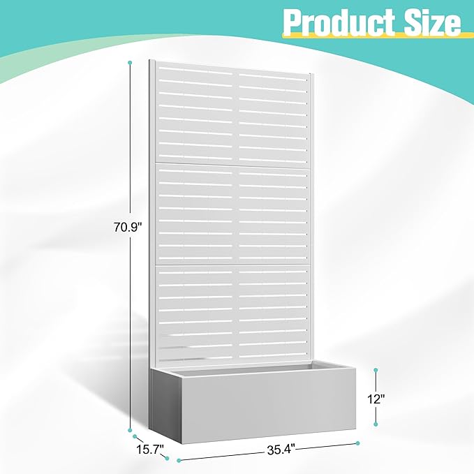 71"x35"x16" Metal Planter Box with Trellis Raised Garden Bed with Trellis, Planter Box & Privacy Screen for Climbing Plants, Vegetable, Vines(White, Louvered)