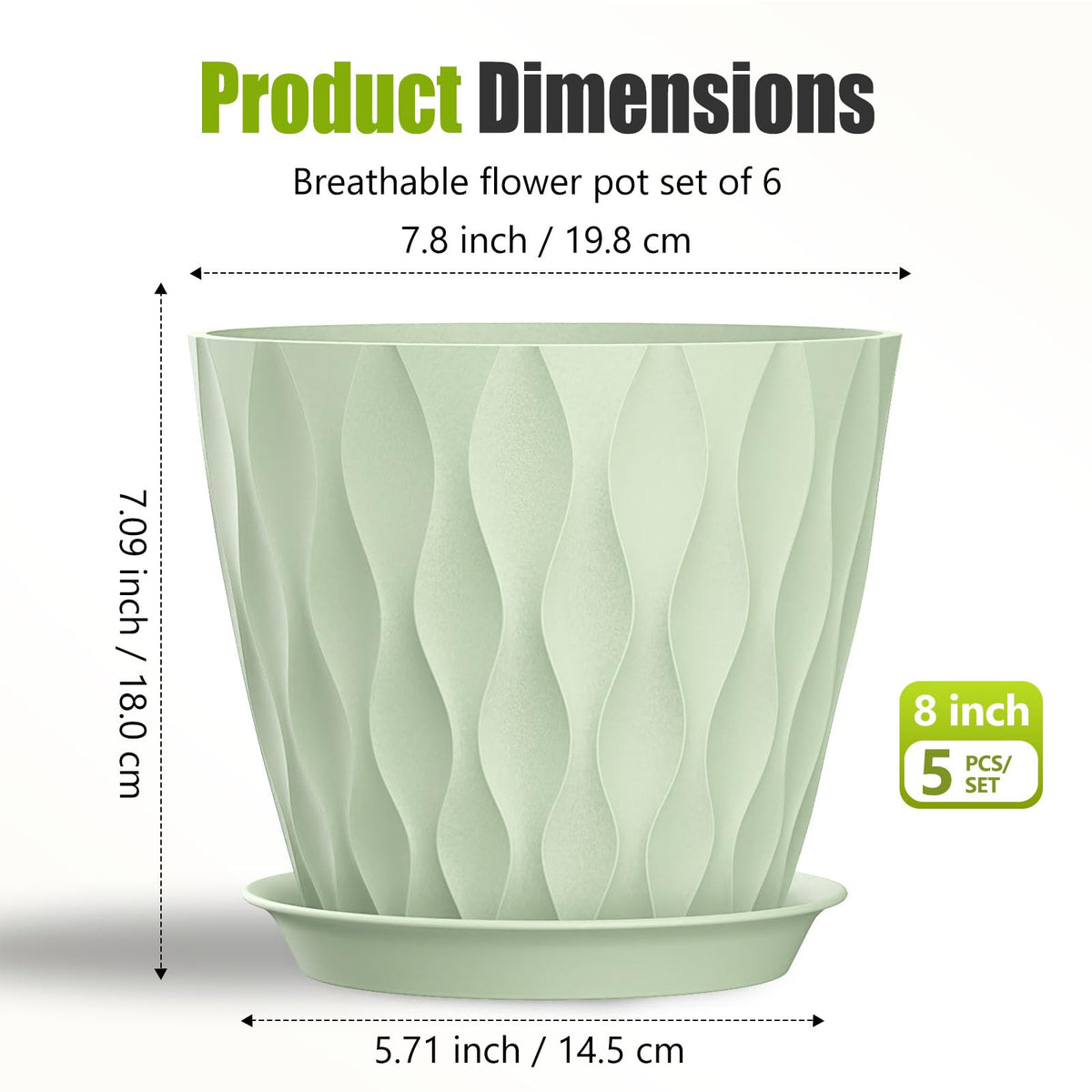 SQKH 8 Inch Plastic Plant Pots,Set of 5 Flower Pots,Planters with Drainage Holes & Saucers, Indoor Outdoor Garden Pots for Home Decor(Green)