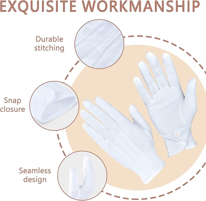 Zenssia Parade White Cotton Formal Tuxedo Costume Honor Guard Gloves with Snap Cuff, Coin Jewelry Inspection Gloves