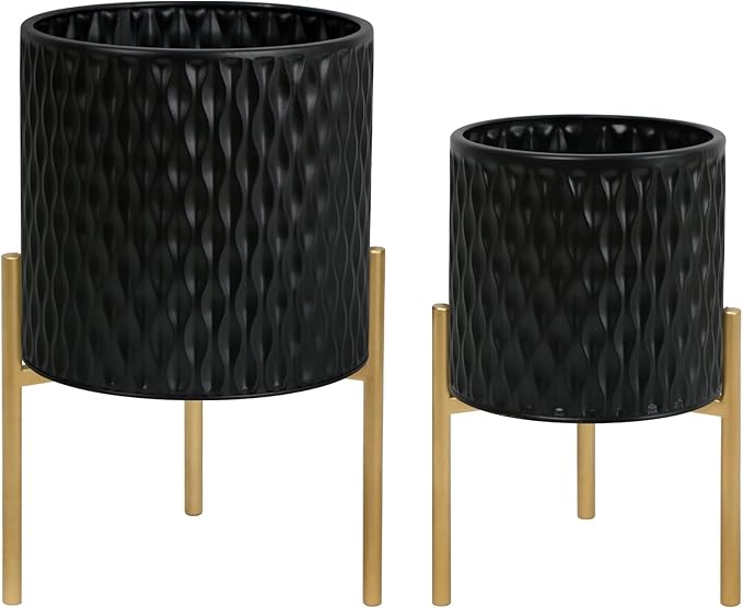 ARNIS Plants Pots with Stand, Set of 2 Planters, Unique Mid Century Decorative Metal Flower Pots with Drainage, 8.25 & 10.5 Inch, Black