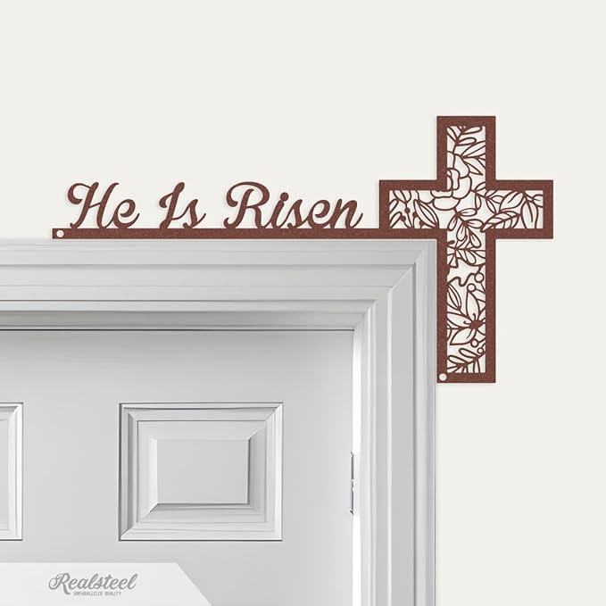 RealSteel He Is Risen Easter Door Corner Decoration – Christian Easter Home Décor (RUST-7x13)