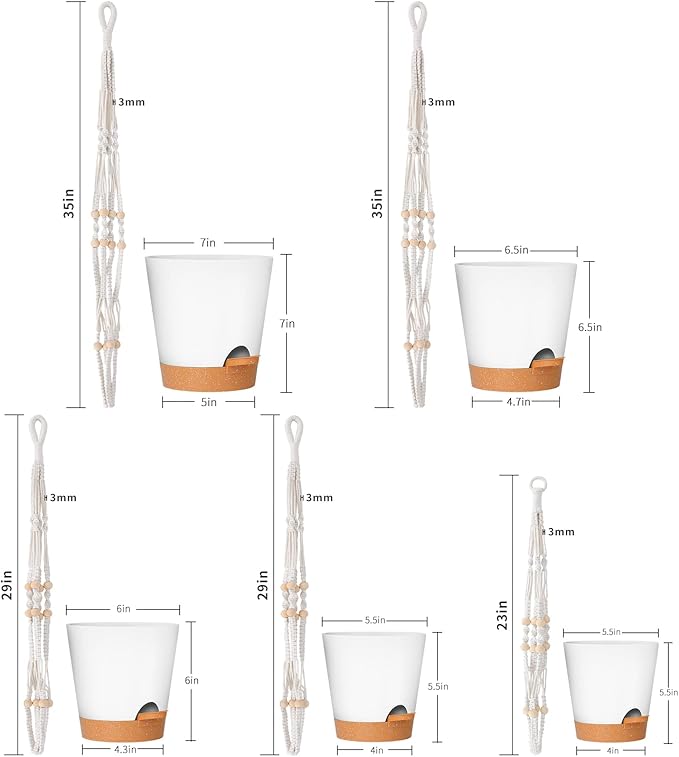 GARDIFE Hanging Planters for Indoor Plants,5Pcs Hanging Basket for Indoor Boho Home Decor,Macrame Plant Hanger,35 Inches,29Inch,23Inch, Ivory,Self Watering Planters, 7/6.5/6/5.5/5 Inch,White&White