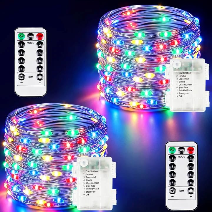 2 Pack 100 LED Fairy Lights Battery Operated with Remote, 33 FT Multicolor