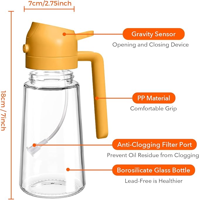 YARRAMATE 16oz/470ml Glass Olive Oil Sprayer for Cooking with Stickers, 2 in 1 Oil Dispenser for Kitchen Gadgets, Food Grade Premium Spray Bottle with Portion Control for Salad, Frying, BBQ (Orange)