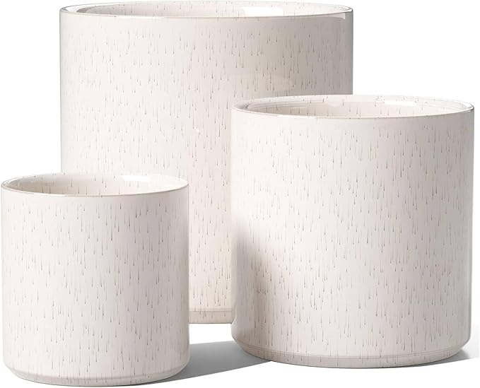 LE TAUCI Ceramic Plant Pots Indoor, 10+8+6 Inch Planters for Indoor Plants, Mid-Century Modern Flower Pots with Drainage Hole and Plug, Cylinder Round Planters, Set of 3, Reactive Glaze Beige