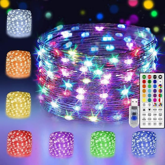 24 Multi Color Changing Fairy Lights USB Powered with Remote Control, 33ft 100 RGB LED Bright Silver Wire Starry String Lights for Christmas Tree, Wedding Party, Bedroom Holiday Décor