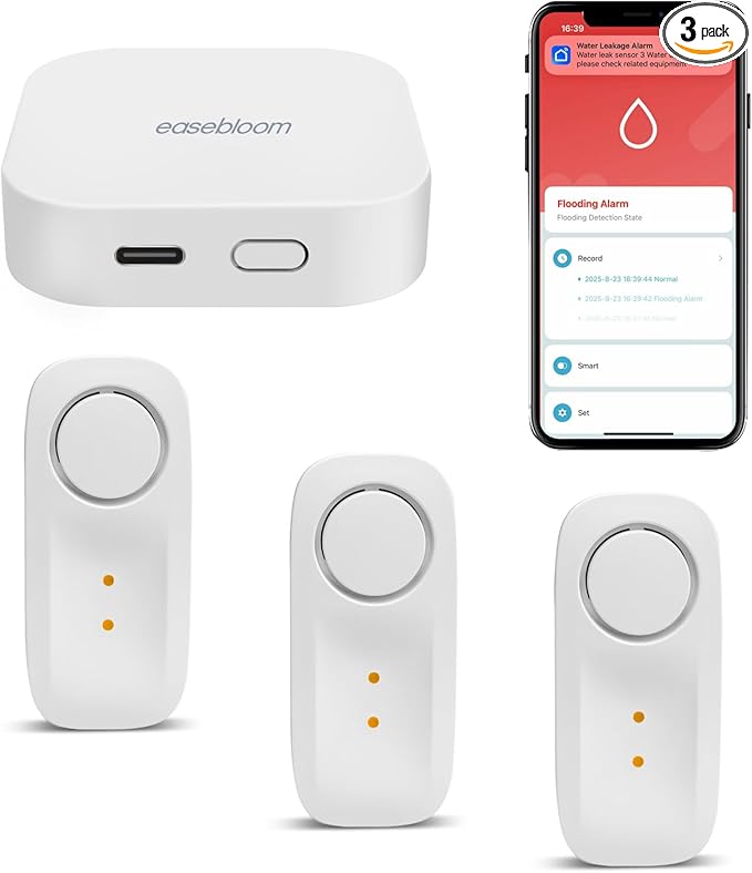 Easebloom Ultra-Long Range Water Leak Detectors (3-Pack), 2000ft/600m Ultra-Long Range Water Alarm & Leak Detector, 110dB Siren & Instant App Alerts, Suitable for Home, Basement, Kitchen