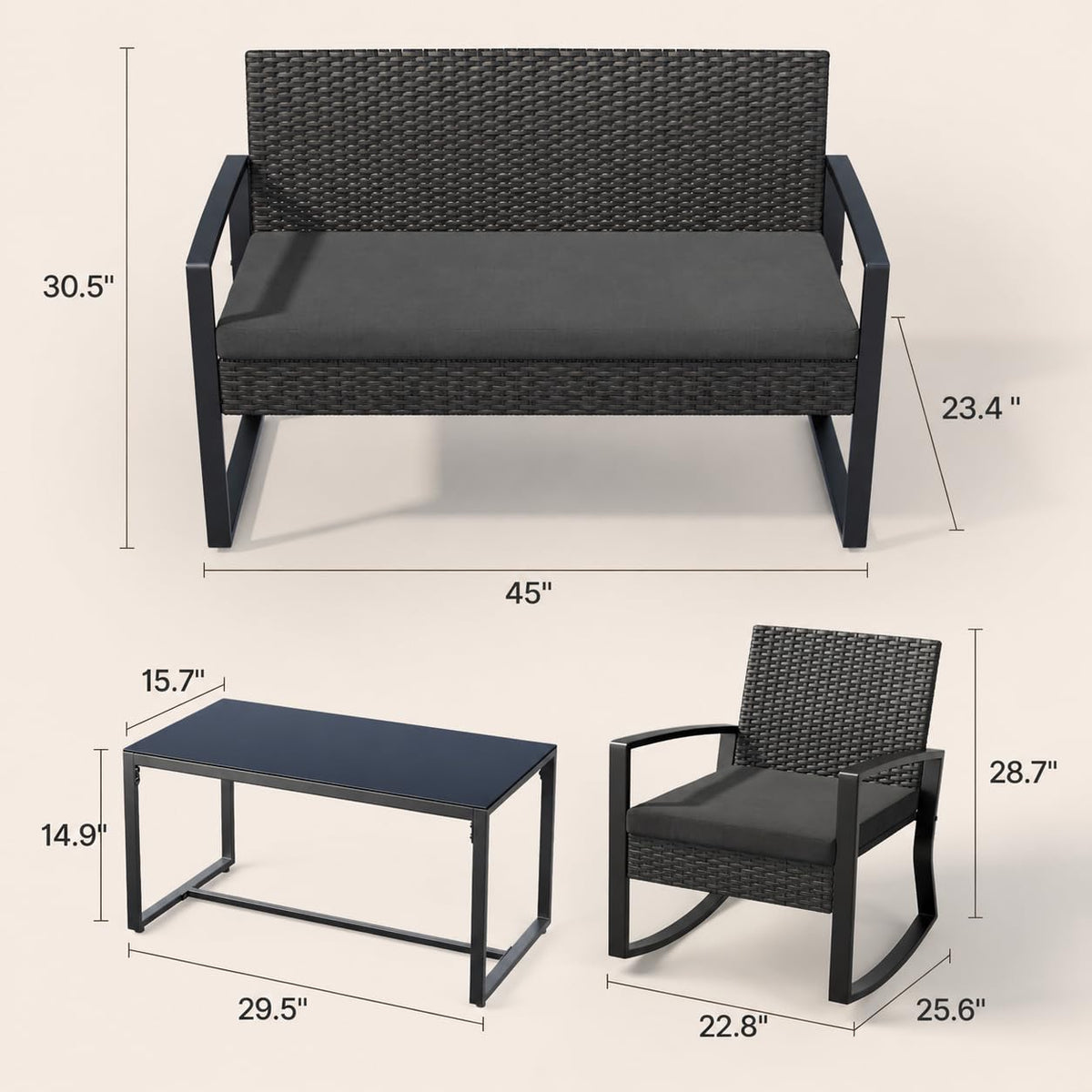 Ahomly 4 Piece Outdoor Patio Furniture Set with Rocking Chairs, Black