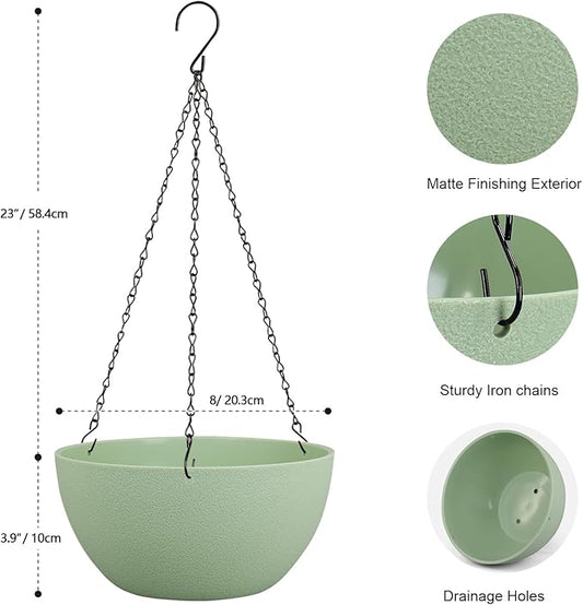 Meowell 8 inch Small Hanging Planters Plant Pots for Indoor Outdoor Plants, 2 Pack Hanging Flower Pots with Drainage Holes and Chain for Garden Porch, Plastic Hanging Baskets for House Plants, Green
