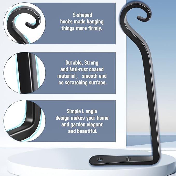 FEED GARDEN Wall Hook Hanging Plant Bracket 10 Inch 2 Pack, Hand-Forged Plant Hanger for Hanging Bird Feeders, Wind Chimes, Flower Baskets, Yoga Mat, Indoor/Outdoor Use, Black