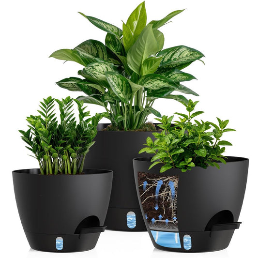 KUGAZ Self Watering Pots with Drainage Holes, 3 Pack 12/10/8 Inch Plant Pots with Water Level Indicator Deep Reservoir, Large Plastic Planter for Indoor Outdoor Plants - Black