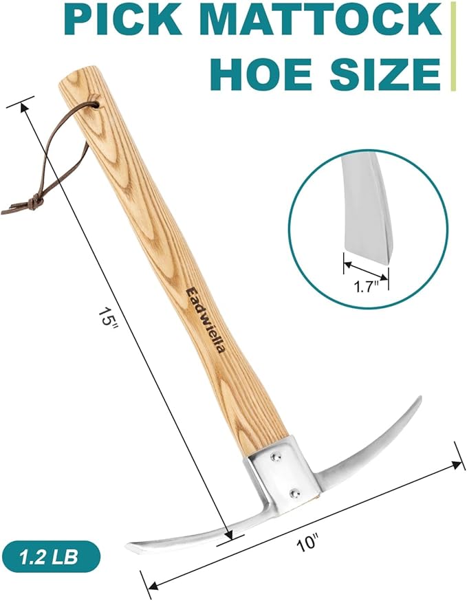 Pick Mattock Hoe Garden Pick Axe Planting Hoe Tool 15inch with Hardwood Handle for Digging Loosening Trenching Tilling Leveling Cutting Gardening Landscaping Farming Camping Outdoor Hand Cultivator