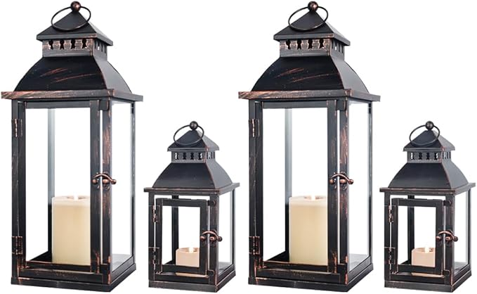 NEEDOMO Bronze Metal Lanterns Decorative Outdoor & Indoor, Set of 4 (17" & 10") with Glass, Candle Holder for Porch, Patio, Garden, Balcony, Wedding, Table Centerpiece Decorations