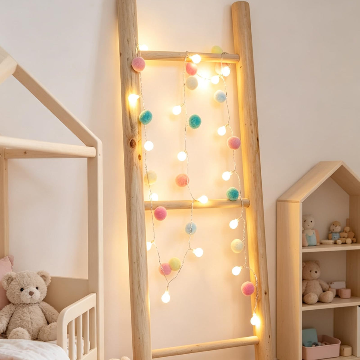 9.84FT Pom Poms Fairy Lights - 30 LED Battery & USB Operated String Lights with Warm White Globe Balls - Cute Indoor Decor for Bedroom Kids Room Playhouse Back to School Birthday Baby Shower - Pastel