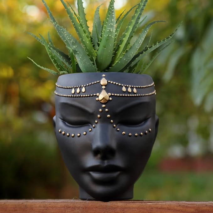 Head Planter - Indoor & Outdoor Home Decor Gifts for Plant Lovers - for Flat Surface or Wall Mount - Unique Face Planter for Flowers, Succulents, & More (7 inch, Serena Design, Black)