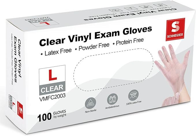 Schneider Clear Vinyl Exam Gloves, Latex-Free, Disposable Medical Gloves, Cleaning Gloves, Food Safe, Powder-Free, 4 mil