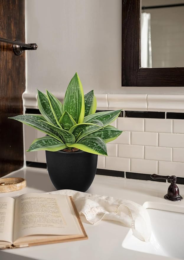 Hollyone Artificial Snake Plants 9" Faux Agave Succulent Plant Potted in Black Pot Fake Sansevieria Aloe Tropical Plant for Desk Modern Office Home Bathroom Indoor Outdoor Decor