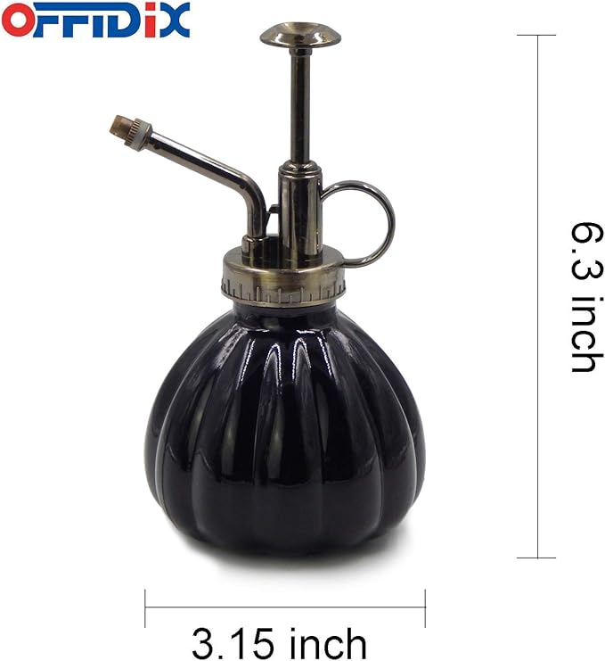 OFFIDIX Plant Mister Flower Watering Can, 6.3" Tall Vintage Pumpkin Style Black Color Glass Spray Bottle & Bronze Plastic Top Pump Ideal for Watering Small Plants Inside Home or Office