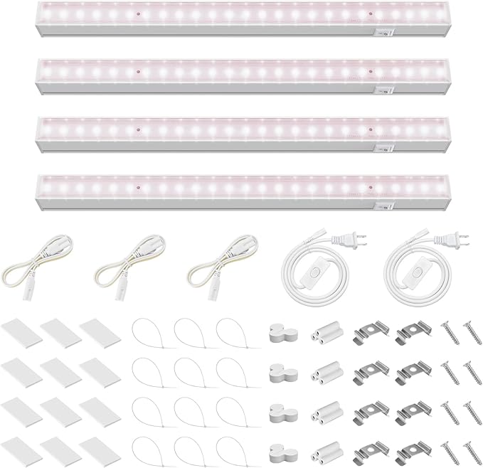 Barrina Grow Light for Indoor Plants, Full Spectrum Sunlight, 1ft Grow Lamp, LED Grow Light Bulbs, T5 Grow Light Strip, Plug and Play, Pinkish White, 4-Pack