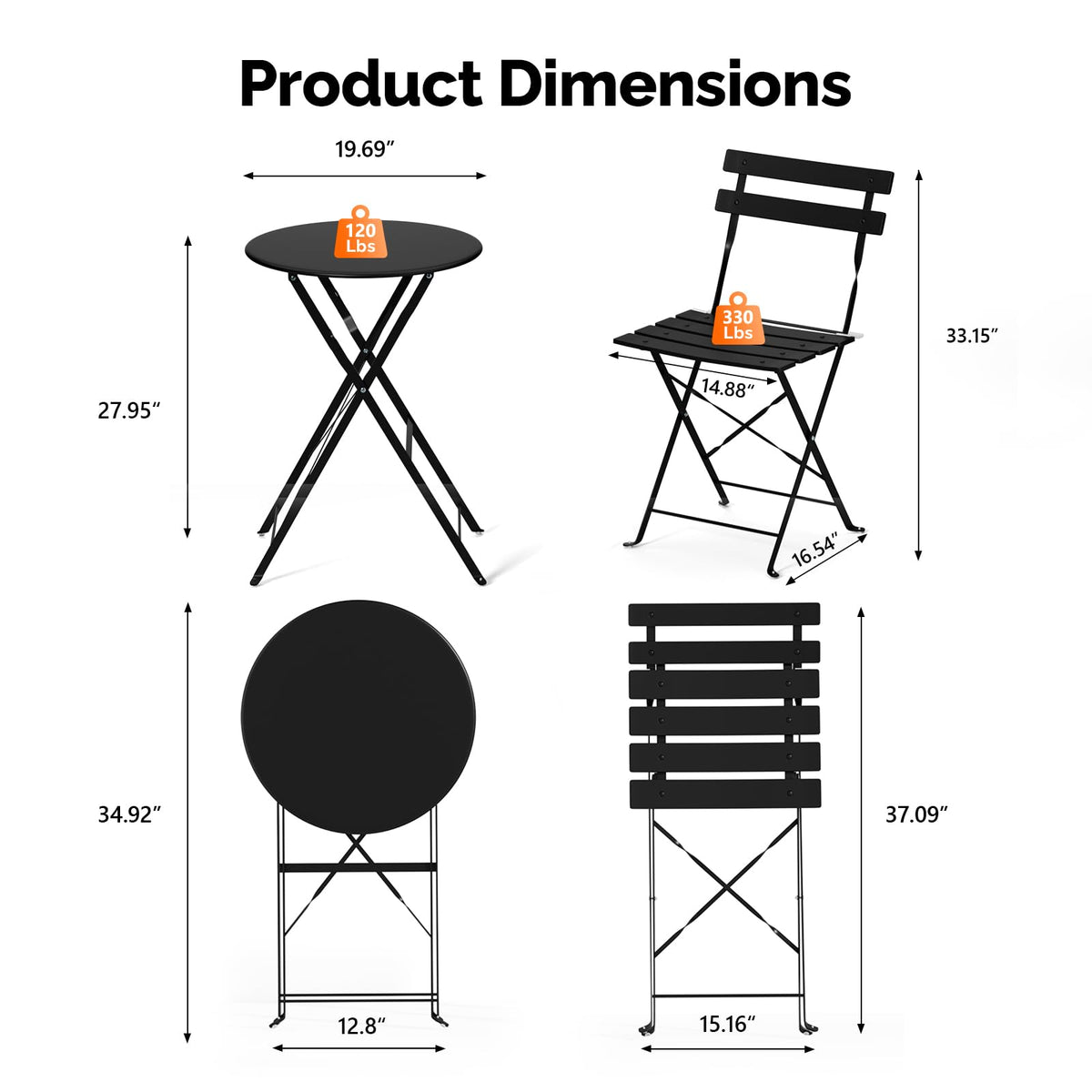 VINGLI Outdoor Folding Bistro Table and Chairs Set of 2, 3-Piece Bistro Set with Premium Steel Frame for Patio, Balcony, Garden, Porch, Yard, Black