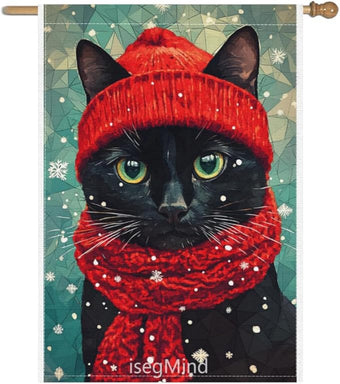 Black Cat with Red Scarf and Hat Snowflake Christmas Garden Flag, 28x40 Inch Double Sided Linen Holiday Red Winter Farmhouse Yard Outdoor Decoration (4331)